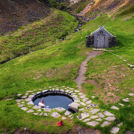 Aerial view of Gudrunarlaug hot spring in Iceland by Miroslav Liska
