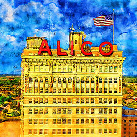 ALICO Building in downtown Waco, Texas - pen and watercolor by Nicko Prints