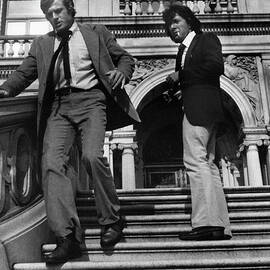 All The President's Men Robert Redford Dustin Hoffman Rushing Down Stairs Candid Serious Men 1976 by Silver Screen