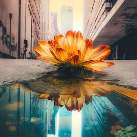 An abstract portrait of an upside-down city and a blooming flower by Andre Petrov