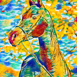Arabian horse colorful portrait in blue, cyan, green, yellow and red by Nicko Prints