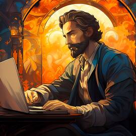Art Nouveau style illustration of a business person in casual attire working on a laptop No 2 by Andre Petrov
