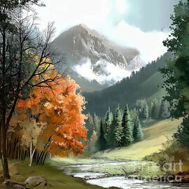 Autumn Mountain Scene with Stream by Ted Clifton