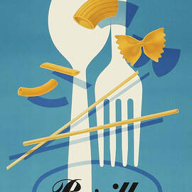 Barilla, fork and spoon - vintage Italian pasta advertisement - Object poster by Herberto Carboni