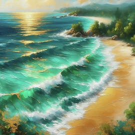 Beach with Emerald Ocean and Gold Highlights by Alison Frank
