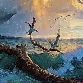 Beach Sunset With Flying Seagulls Digital Oil Painting by Nature Oil Painting