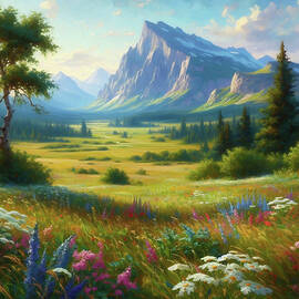 Beautiful Valley with Wildflowers and Mountains by Alison Frank