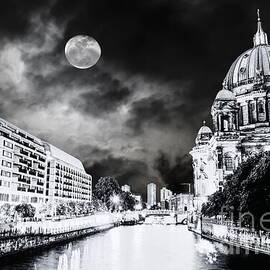 Berlin Cathedral and Spree River Under Full Moon - Black and White by Dmr Filho