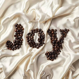 Black_coffee_beans_as_word_Joy_on_white_silk_background_1 by Andre Petrov