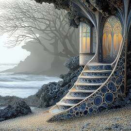 Blue Mosaic Cottage With Ghost Trees by Eris And AI