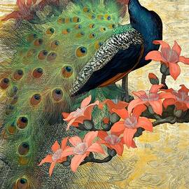 Blue peacock and red azalea blossoms by Jessie Arms Botke by Jessie Arms Botke