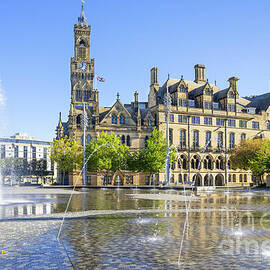 Bradford City Hall and Clock tower, Centenary Square fountains, Bradford, Yorkshire, England UK by Neale And Judith Clark