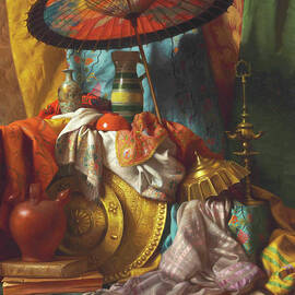 Bric-a-brac still life - colorful fashion accessories with Chinese parasol by George Henry Hall by George Henry Hall