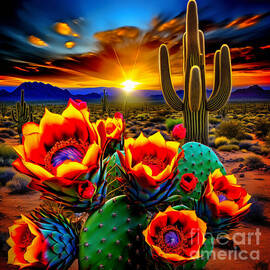 Cactus Flowers at Sunset by Ted Clifton
