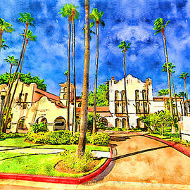 Casa de Palmas Hotel in McAllen, Texas - pen and watercolor by Nicko Prints