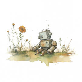 Casual Tin Robot Watercolor 236 with Wildflowers by MAD PaperAirplanes