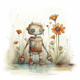 Casual Tin Robot Watercolor 257 with Wildflowers by MAD PaperAirplanes