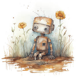 Casual Tin Robot Watercolor 262 with Wildflowers by MAD PaperAirplanes