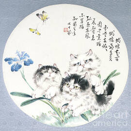 Cats With Blue Flower And Butterflies by Sun Jusheng