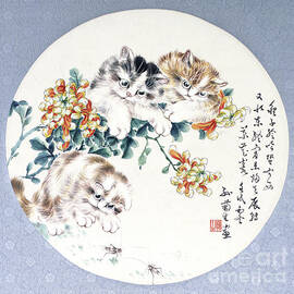 Cats With Orange And Yellow Flowers by Sun Jusheng