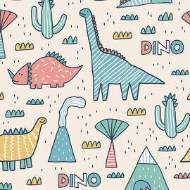 Childish seamless pattern with mountain, volcano, dinosaurs and tropical plants. texture in childish style. Scandinavian style.  by Julien