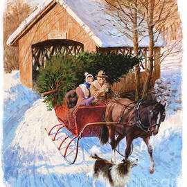 Christmas - Bringing Tree Home In Sleigh by Mel Crawford