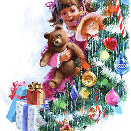Christmas - Girl Hugging Teddy Bear by Mel Crawford