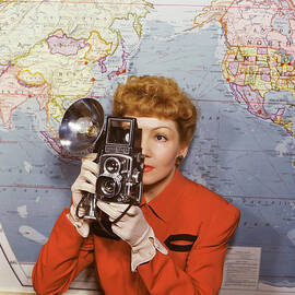Claudette Colbert Vintage Camera World Map Retro Glamour Candid 1942 by Silver Screen