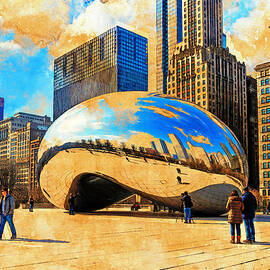 Cloud Gate sculpture in Grainger Plaza, Chicago - digital painting with vintage look by Nicko Prints