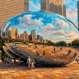 Cloud Gate sculpture, and a view to the Prudential Plaza and Aon Center behind it - digital painting by Nicko Prints