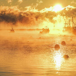 Cold Harbors, Fishing Boats In The Sea Smoke.  by Jeff Sinon