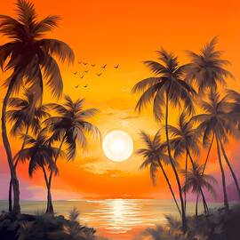 Color beach painting with palm trees using warm hues to convey the beauty of sunrise No 1 by Andre Petrov