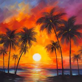 Color beach painting with palm trees using warm hues to convey the beauty of sunrise No3 by Andre Petrov