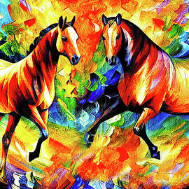 Colorful abstract horses meeting - digital painting on colorful background by Nicko Prints