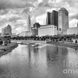Columbus Ohio Skyline Reflections Black And White by Adam Jewell
