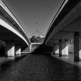 Commonwealth Avenue Bridge and Parliament House, Canberra, Australia bw by Steven Ralser
