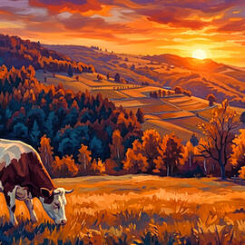 Cow grazing in the sunset light with hills and autumn trees in the distance - digital painting by Nicko Prints
