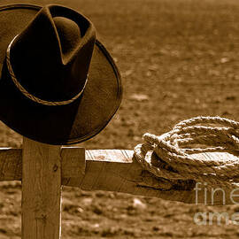 Cowboy Hat and Rope on a Fence - Sepia by Olivier Le Queinec