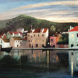 Csontvary paintings - Sunset view of Trau, Trogir, Croatia, early 1900s Mediterranean harbor bay by Csontvary Kosztka Tivadar