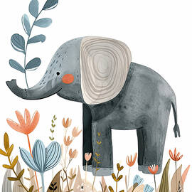 Cute cartoon elephant standing in a field of flowers. by Miller Kanw