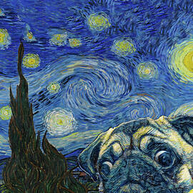 Cute Pug Dog Starry Night Canvas Poster by Julien