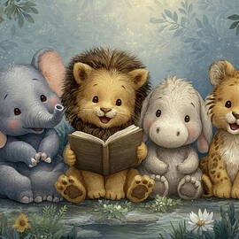 Cute Safari Animals with Book in Jungle by Thomas Klee
