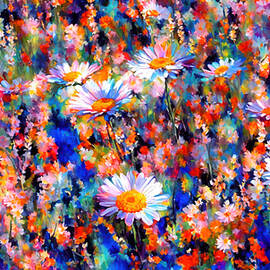 Daisy flowers - colorful abstract pattern in blue, white, and red by Nicko Prints