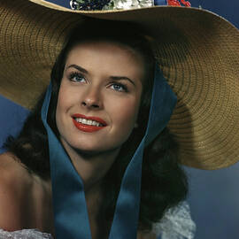 Dee Hartford Glamour Floral Straw Hat Red Lips Smile Vintage Fashion Lace Top Portrait Elegant by Silver Screen