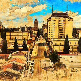 Downtown Fresno, California, seen above Fulton Street - painting and sketch by Nicko Prints