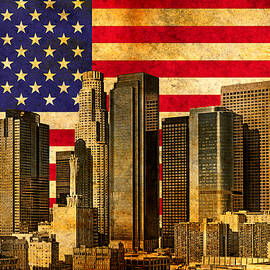 Downtown Los Angeles skyline blended with the American flag and printed on old paper texture by Nicko Prints