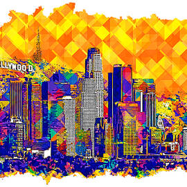 Downtown Los Angeles skyline with the Hollywood sign in the background - colorful digital painting by Nicko Prints