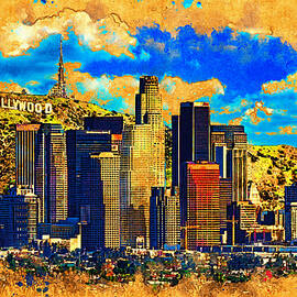 Downtown Los Angeles skyline with the Hollywood sign in the background - digital painting by Nicko Prints