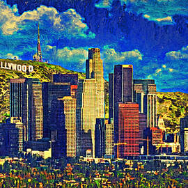 Downtown Los Angeles skyline with the Hollywood sign in the background - impasto oil painting by Nicko Prints