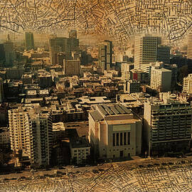 Downtown Oakland skyline blended with an 1938 map of the city, and printed on old paper texture by Nicko Prints